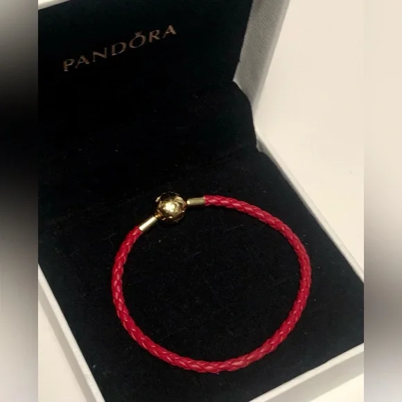 🌹🍃New Authentic Pandora Red Woven Leather 18k Gold Shine Round Clasp Bracelet🍃🌹 - Picture 3 of 9